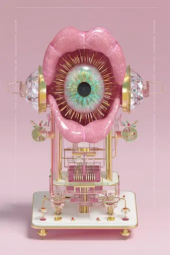Midjourney generated image using SREF code Plastisphere: A pink and gold sculpture of a woman's mouth with an eye inside of it.