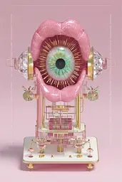 Midjourney generated image using SREF code Plastisphere: A pink and gold sculpture of a woman's mouth with an eye inside of it.