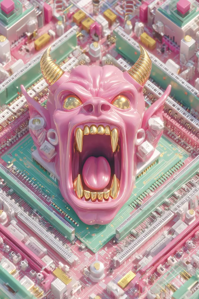 Midjourney generated image using SREF code Plastisphere: A pink demon head on top of a computer motherboard.