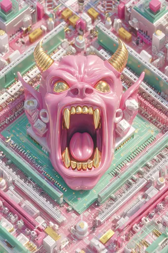 Midjourney generated image using SREF code Plastisphere: A pink demon head on top of a computer motherboard.