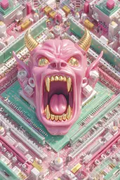 Midjourney generated image using SREF code Plastisphere: A pink demon head on top of a computer motherboard.