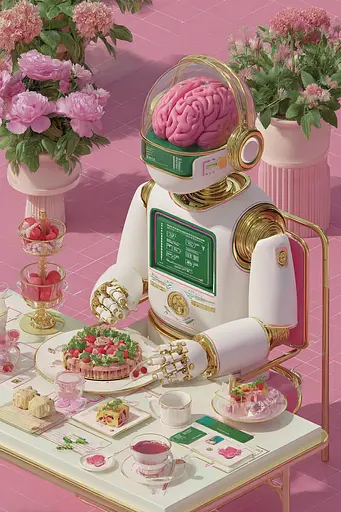 Midjourney generated image using SREF code Plastisphere: A robot sitting at a table with a brain on top of it.