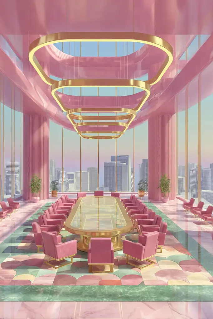 Midjourney generated image using SREF code Plastisphere: A large conference room with pink chairs and a round table.
