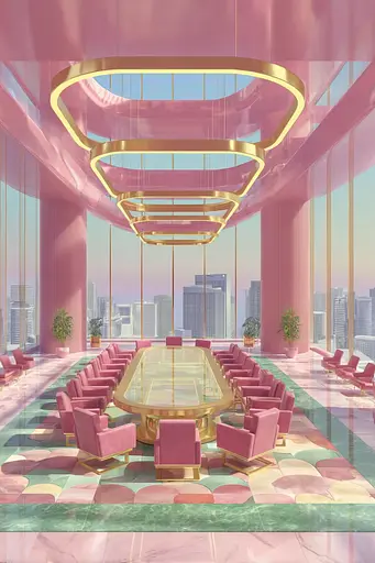 Midjourney generated image using SREF code Plastisphere: A large conference room with pink chairs and a round table.