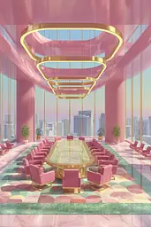 Midjourney generated image using SREF code Plastisphere: A large conference room with pink chairs and a round table.