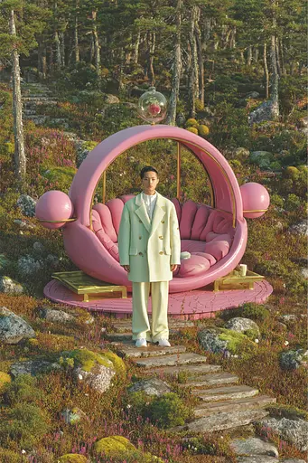 Midjourney generated image using SREF code Plastisphere: A man standing in front of a pink couch in a forest.