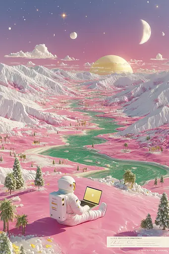 Midjourney generated image using SREF code Plastisphere: A man sitting on top of a pink planet with a laptop.