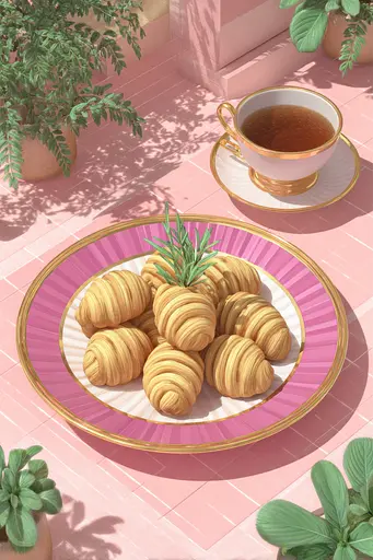 Midjourney generated image using SREF code Plastisphere: A plate of croissants and a cup of tea on a pink table.