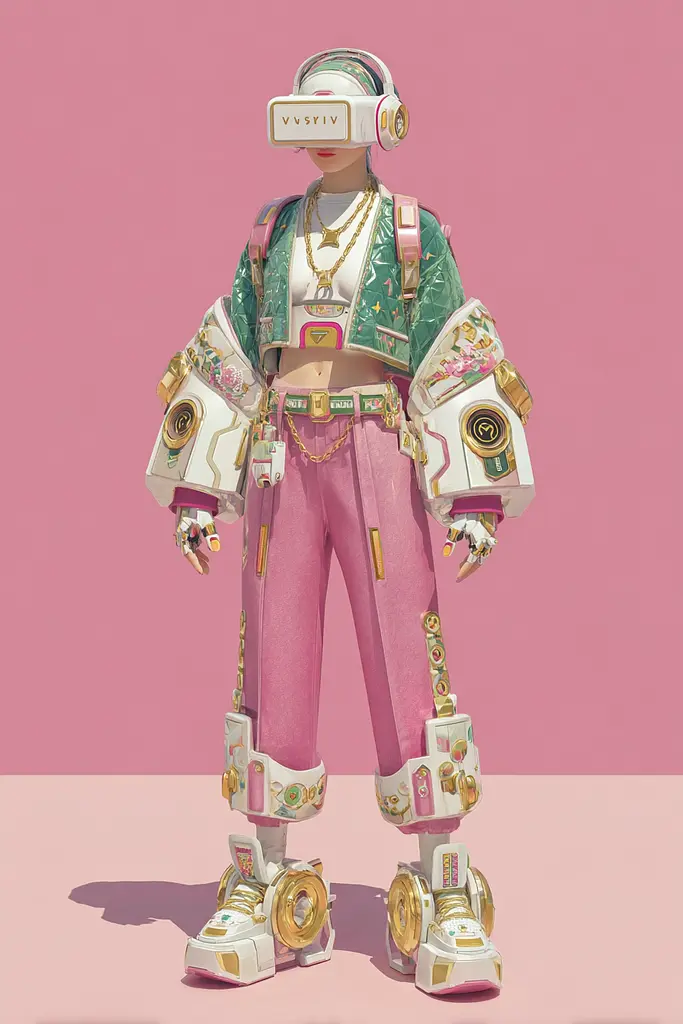 Midjourney generated image using SREF code Plastisphere: A woman in a pink and green outfit with a pair of headphones on.