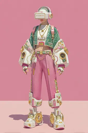 Midjourney generated image using SREF code Plastisphere: A woman in a pink and green outfit with a pair of headphones on.