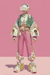 Midjourney generated image using SREF code Plastisphere: A woman in a pink and green outfit with a pair of headphones on.