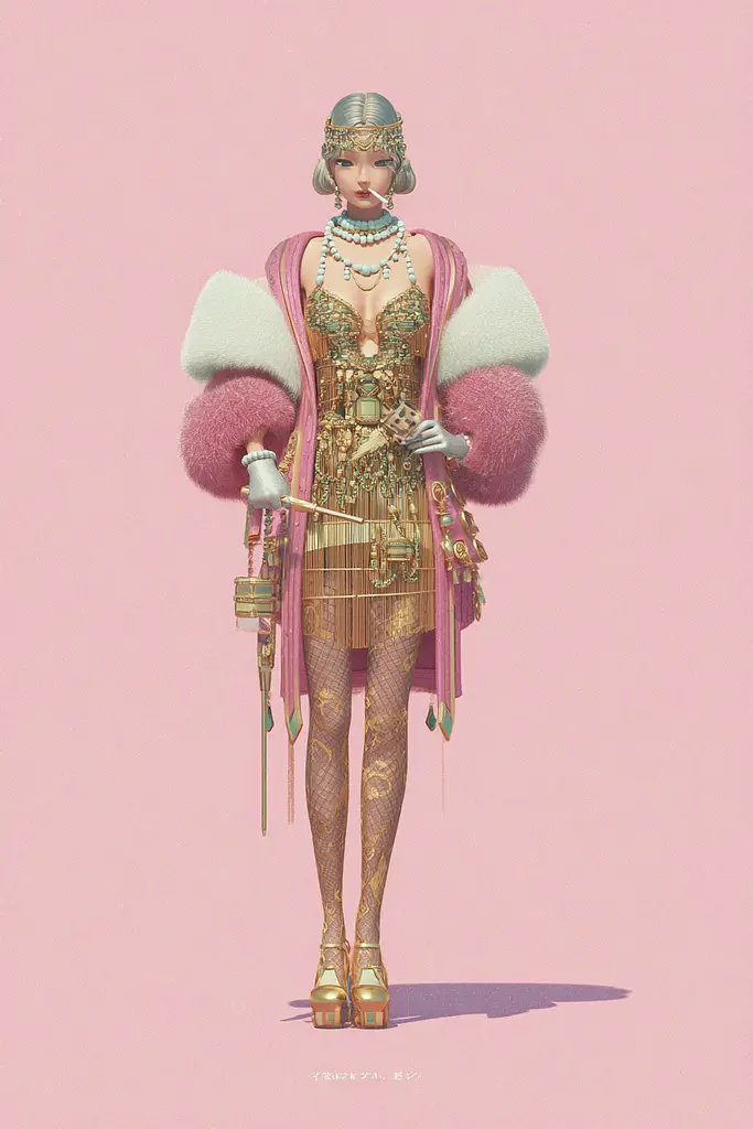 Midjourney generated image using SREF code Plastisphere: A woman in a pink dress and fur coat holding a sword.