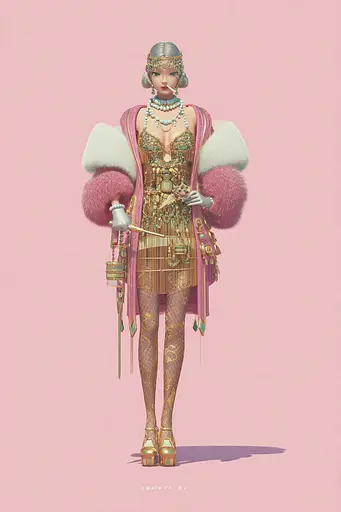 Midjourney generated image using SREF code Plastisphere: A woman in a pink dress and fur coat holding a sword.