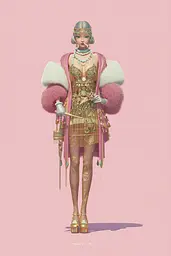 Midjourney generated image using SREF code Plastisphere: A woman in a pink dress and fur coat holding a sword.