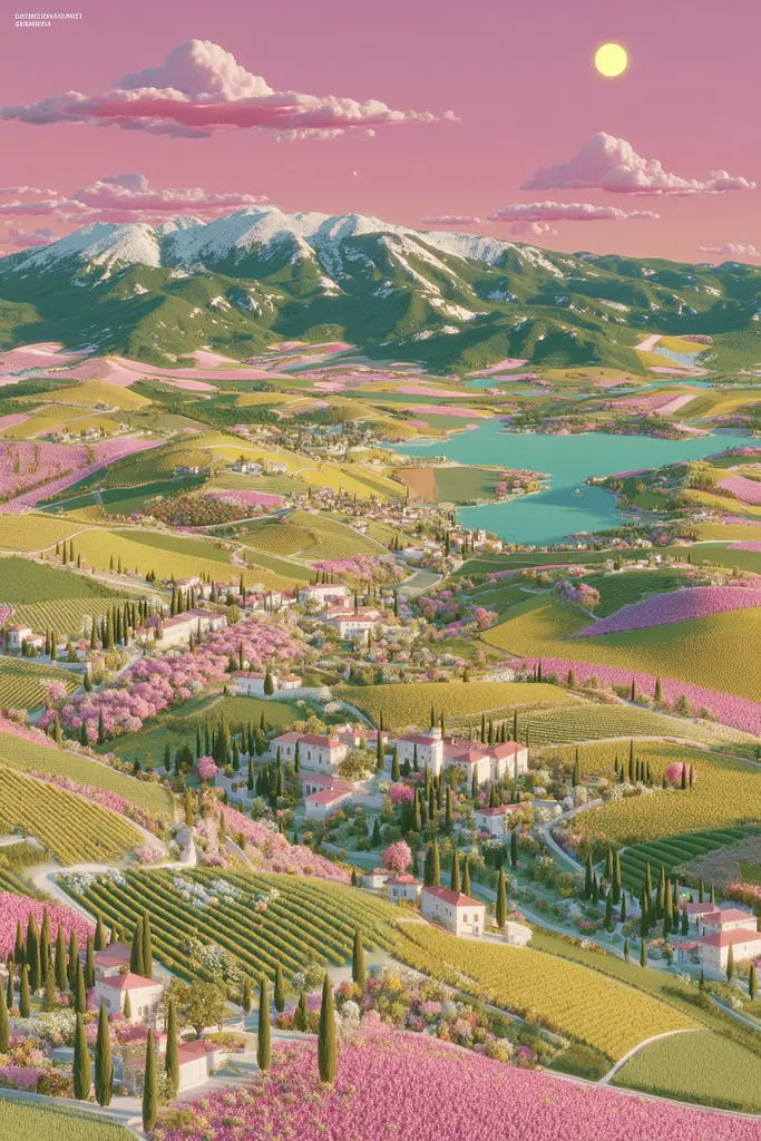 Midjourney generated image using SREF code Plastisphere: A view of a small town in the middle of a vineyard.