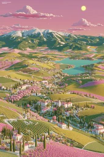 Midjourney generated image using SREF code Plastisphere: A view of a small town in the middle of a vineyard.