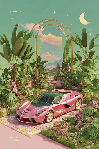 Midjourney generated image using SREF code Plastisphere: A pink sports car parked in the middle of a lush green garden.