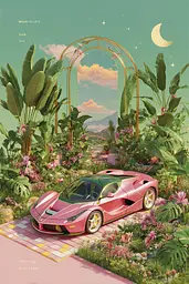 Midjourney generated image using SREF code Plastisphere: A pink sports car parked in the middle of a lush green garden.