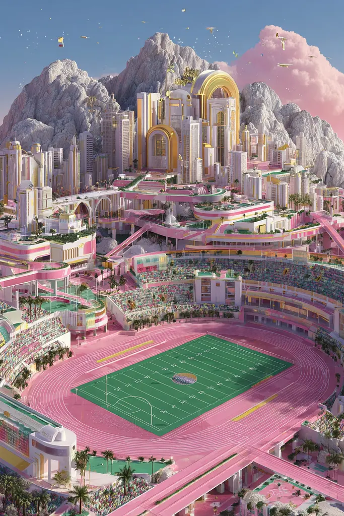 Midjourney generated image using SREF code Plastisphere: A futuristic city with a football field in the middle of it.