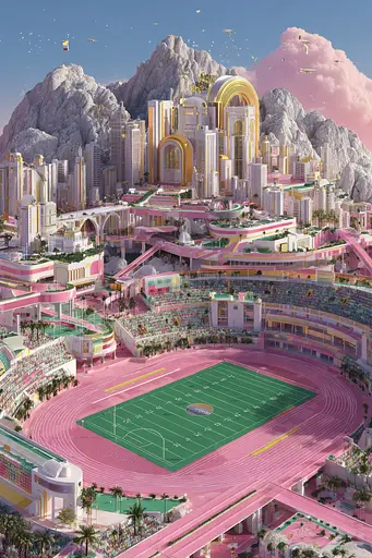 Midjourney generated image using SREF code Plastisphere: A futuristic city with a football field in the middle of it.