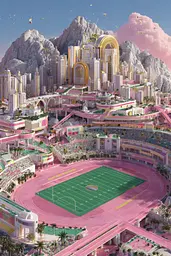 Midjourney generated image using SREF code Plastisphere: A futuristic city with a football field in the middle of it.