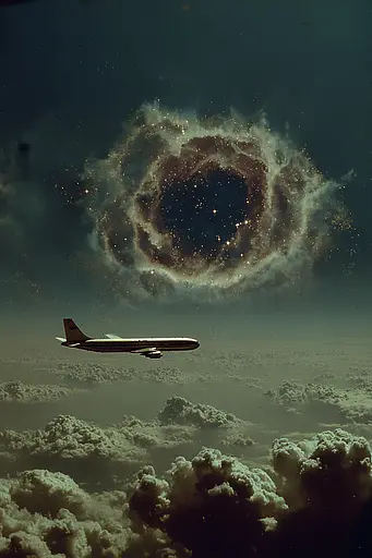 Midjourney generated image using SREF code Nebuloom: A plane flying through the sky with a spiral galaxy in the background.