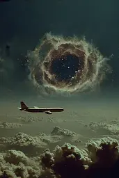 Midjourney generated image using SREF code Nebuloom: A plane flying through the sky with a spiral galaxy in the background.