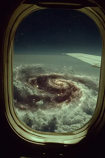 Midjourney generated image using SREF code Nebuloom: A view of a spiral galaxy from an airplane window.