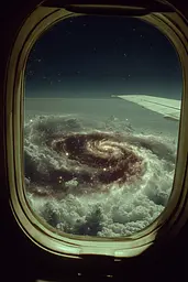 Midjourney generated image using SREF code Nebuloom: A view of a spiral galaxy from an airplane window.