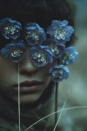 Midjourney generated image using SREF code Nebuloom: A woman with blue flowers in her eyes. 