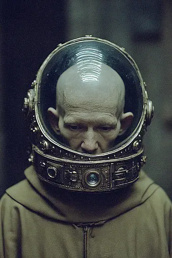 Midjourney generated image using SREF code Nebuloom: A man in a space suit with a helmet on his head.