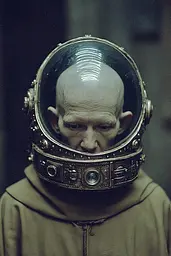 Midjourney generated image using SREF code Nebuloom: A man in a space suit with a helmet on his head.