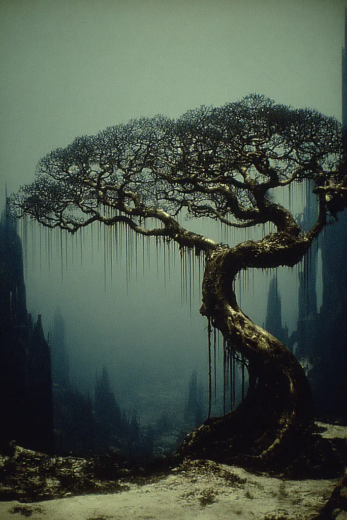 Midjourney generated image using SREF code Nebuloom: A tree in the middle of a foggy forest.