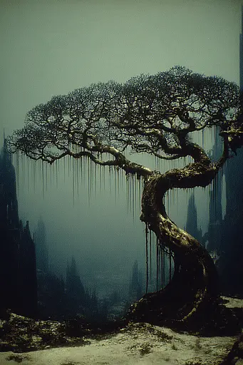 Midjourney generated image using SREF code Nebuloom: A tree in the middle of a foggy forest.