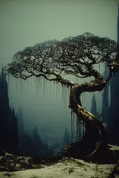 Midjourney generated image using SREF code Nebuloom: A tree in the middle of a foggy forest.