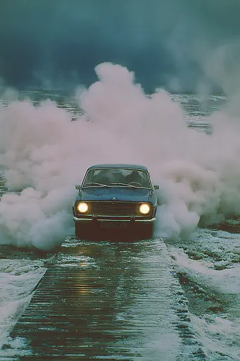 Midjourney generated image using SREF code Nebuloom: A car driving on a wet road with smoke coming out of it.