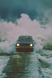 Midjourney generated image using SREF code Nebuloom: A car driving on a wet road with smoke coming out of it.