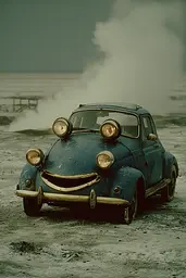 Midjourney generated image using SREF code Nebuloom: A small blue car sitting on top of a sandy beach.