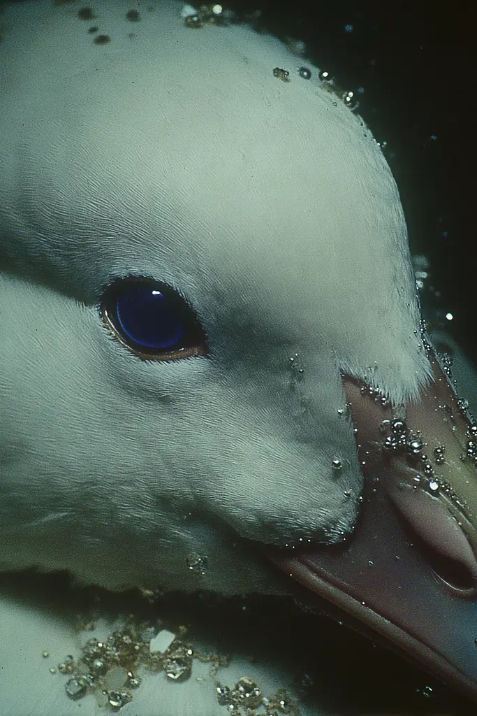 Midjourney generated image using SREF code Nebuloom: A close up of a white duck with blue eyes.