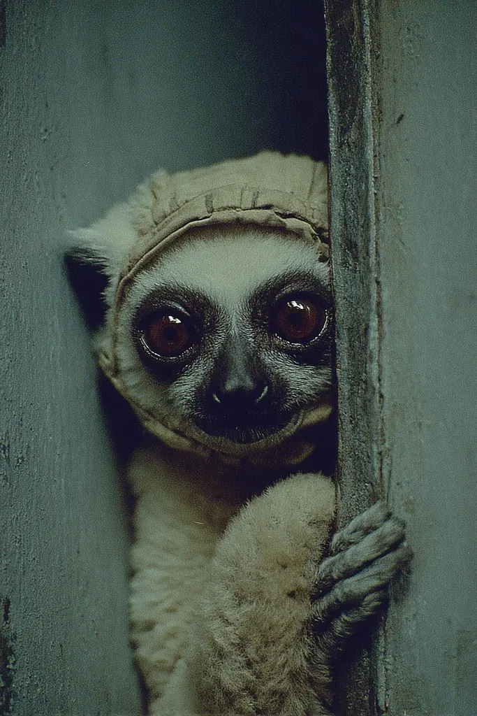 Midjourney generated image using SREF code Nebuloom: A lemur peeking out from behind a wooden door.