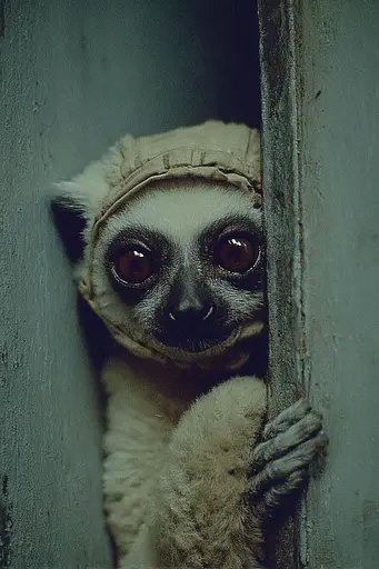 Midjourney generated image using SREF code Nebuloom: A lemur peeking out from behind a wooden door.