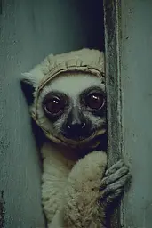 Midjourney generated image using SREF code Nebuloom: A lemur peeking out from behind a wooden door.