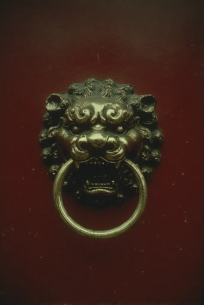 Midjourney generated image using SREF code Nebuloom: A brass lion head knocker on a red door.