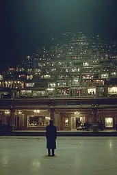 Midjourney generated image using SREF code Nebuloom: A man standing in front of a large building at night.