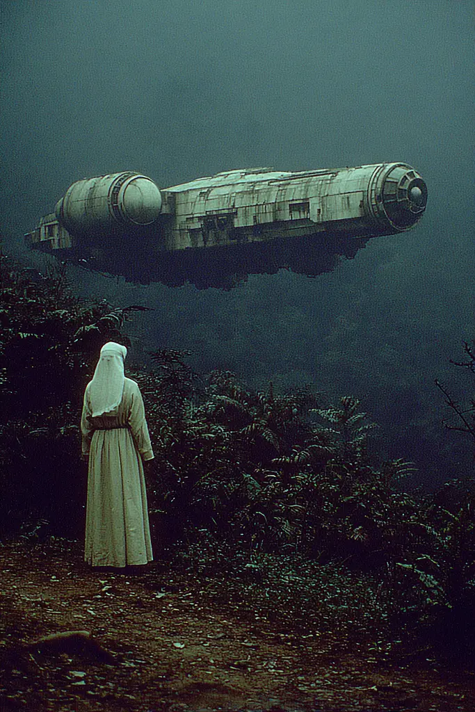 Midjourney generated image using SREF code Nebuloom: A woman in a white dress standing in front of a spaceship.