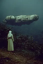 Midjourney generated image using SREF code Nebuloom: A woman in a white dress standing in front of a spaceship.