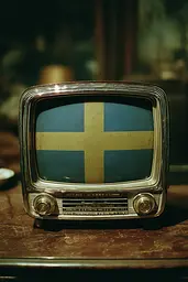 Midjourney generated image using SREF code Nebuloom: An old television with a Swedish flag on the screen.