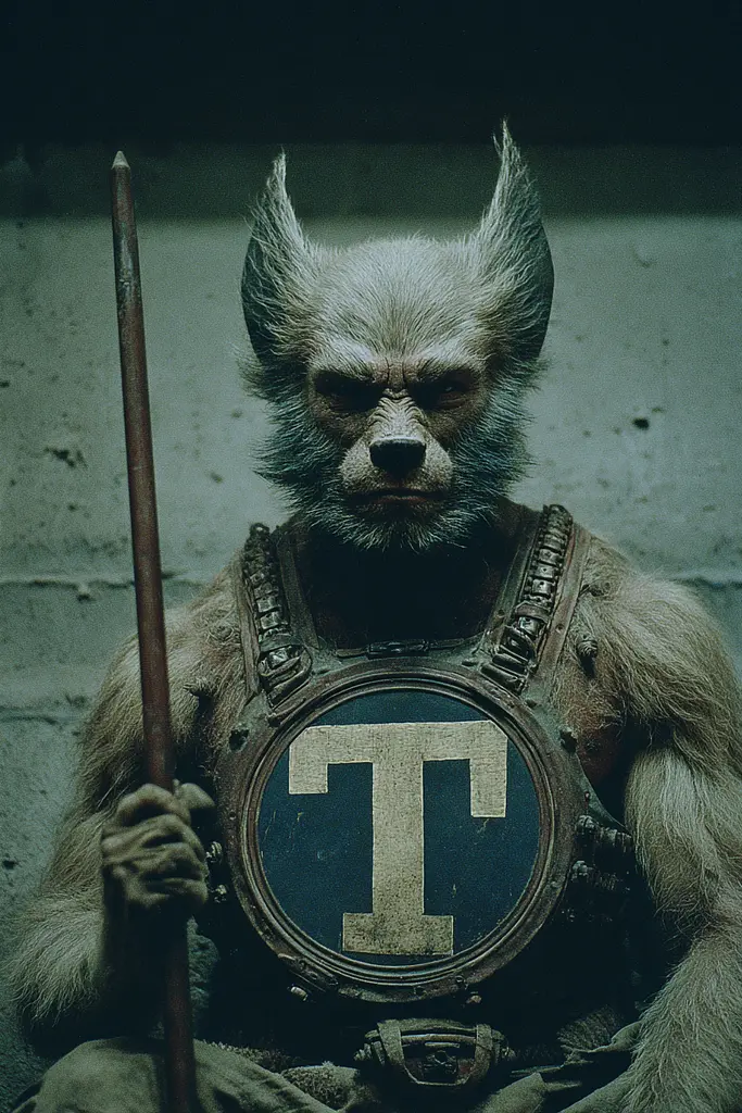 Midjourney generated image using SREF code Nebuloom: A monkey dressed as a werewolf holding a spear and shield.
