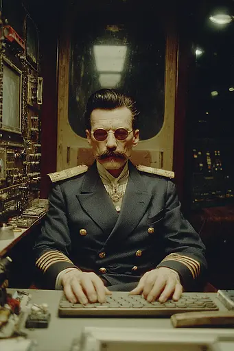Midjourney generated image using SREF code Nebuloom: A man in a military uniform sitting at a desk with a computer.