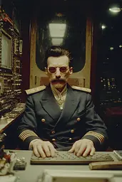 Midjourney generated image using SREF code Nebuloom: A man in a military uniform sitting at a desk with a computer.